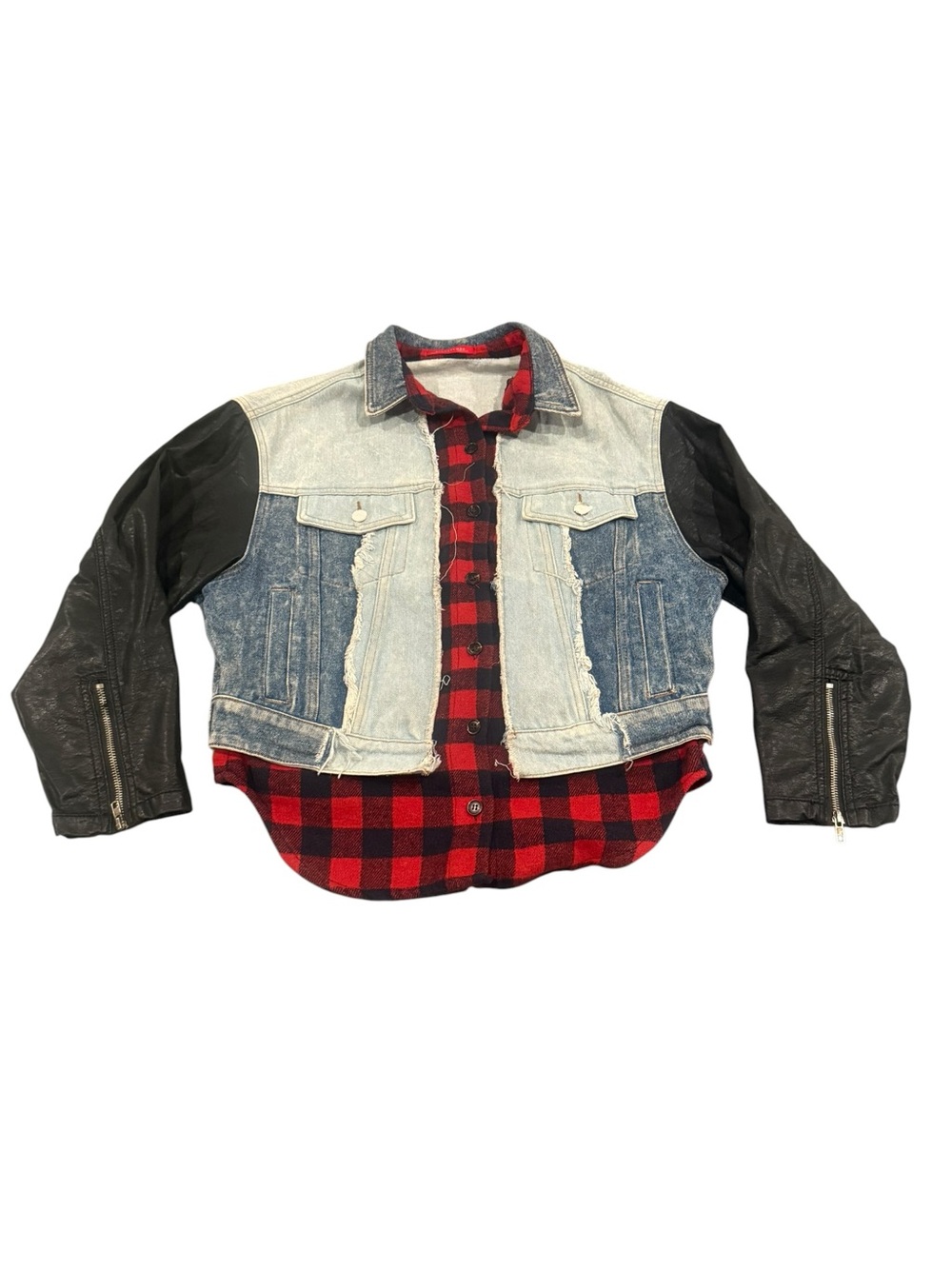 Signature8 Buffalo Plaid Denim Jacket Faux Leather Sleeves NWOT Women’s Small
